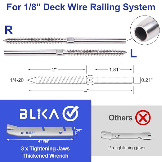 BLIKA 40 Pack T316 Stainless Steel Right&Left Handed Thread Swage Lag Screws for Wood Posts of 1/8" Deck Cable Railing Kit, Wire Railing Kit for Decks with Wrench, DIY Wood Baluster