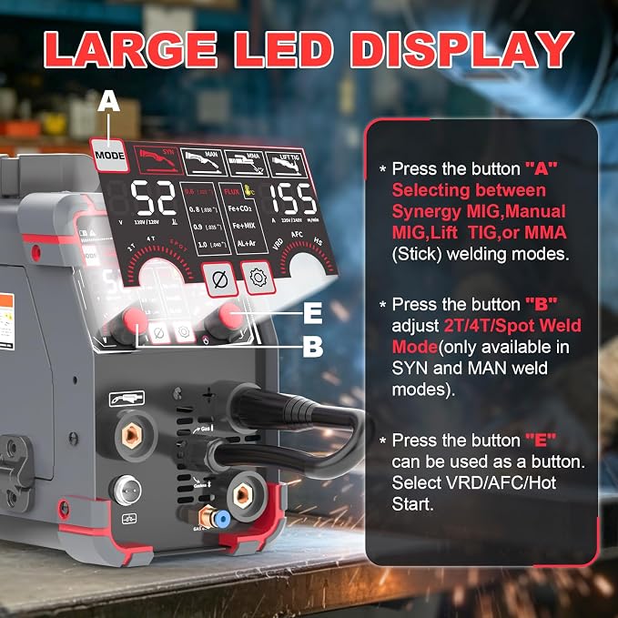 AWT Aluminum 155A MIG Welder,5 in 1 Gas MAG/Aluminum MIG/Gasless Flux Core MIG/Stick/Lift TIG Aluminum MIG Welding Machine,110/220V Welding Machine with Multiprocess Wire Feed