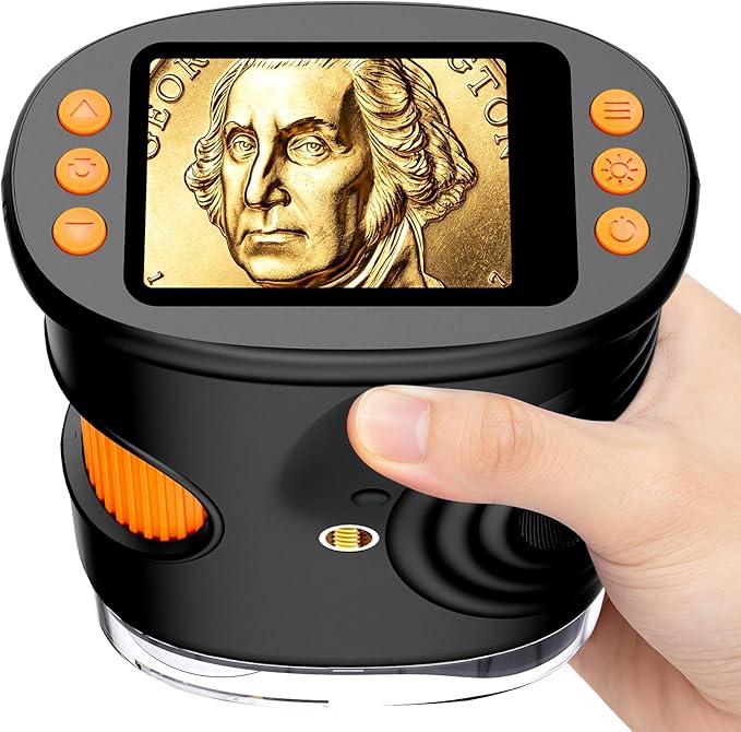 1000X Coin Microscope with Lights, Digital Handheld Coin Magnifier with 8 Adjustable LED Light, Portable Rechargeable Pocket Microscope Compatible with Windows/Mac, Black