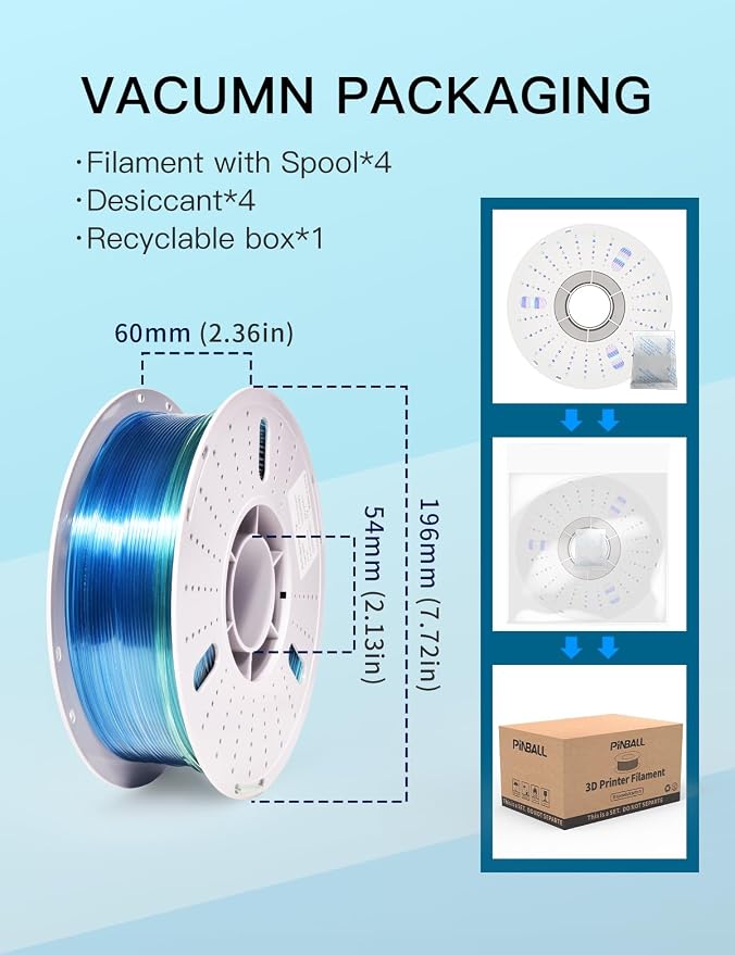 PINBALL PETG Rainbow 3D Printer Filament 1.75mm, Multicolor Translucent PETG Filament Bundle, Accuracy +/- 0.02 mm, 4kg in Total