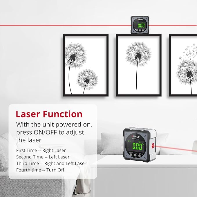 XUNTOP USB Charging Digital Level Box Angle Finder with Laser (Class 2, <1mW Output), 4-Side Strong Magnetic Angle Gauge IP54 Waterproof Inclinometer Level, Saving Effort Hanging Decorations-Gray