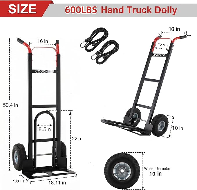 600 lbs Aluminum Hand Truck & Heavy Duty Dolly for Moving, Industrial Utility Cart with 10-Inch All-Terrain Pneumatic Tires, Secure Transport in Warehouse and Residential Use