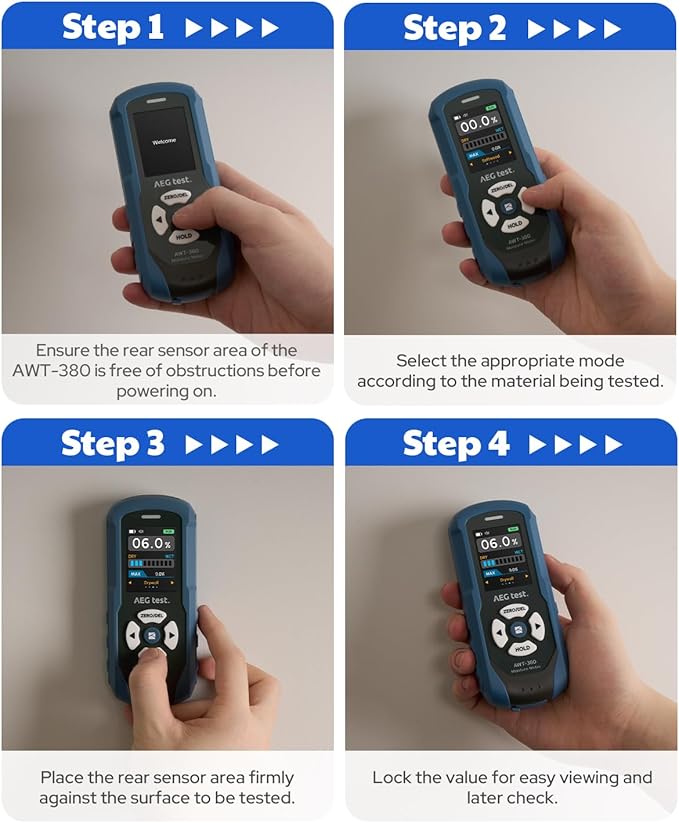 AWT-380 Rechargeable Pinless Moisture Meter for Wood, Drywall & Masonry, Wood Moisture Meter with Color Display, Adjustable Alarm, Data Records, Non-Destructive Water Leak Detector for Home