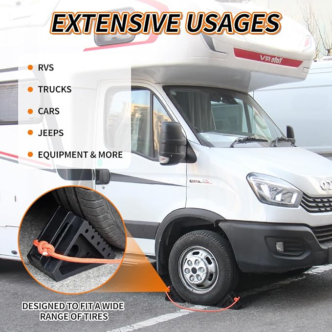 OULEME Premium Rubber Wheel Chocks with Carry Handles, Solid RV Tire Chocks for Camper, Travel Trailer, Trucks or ATV, Stable and Durable, 8.5" x 4" x 6" (4-Pack)