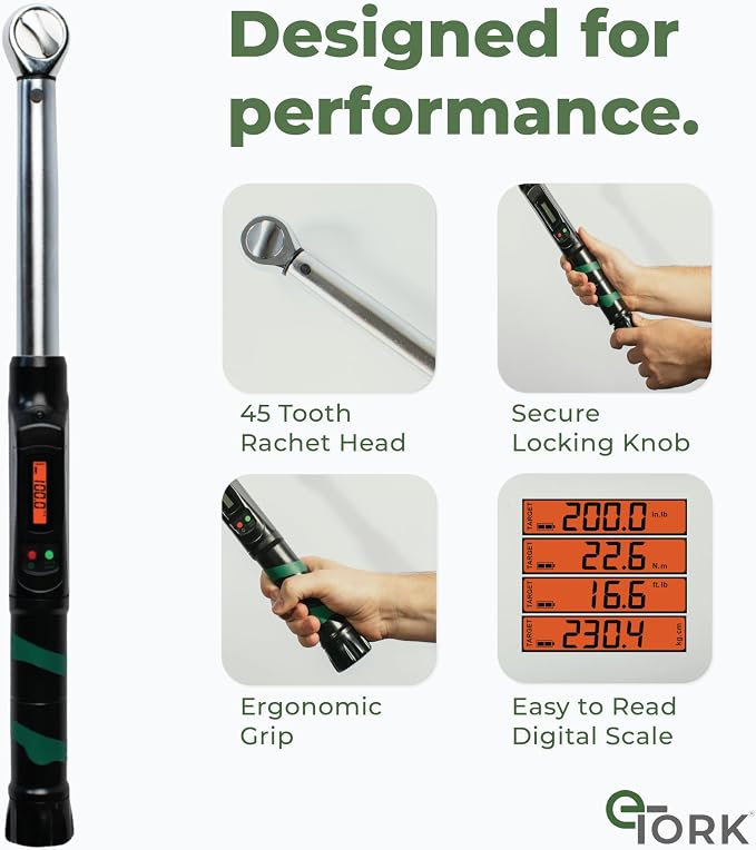 eTORK 3/8" Digital Torque Wrench, 10-100 ft-lb Electronic Torque Tool | 3/8" Drive With Backlit Display for Automotive Maintenance, Motorcycle Service, Bicycle Assembly, & Small Engine Repairs