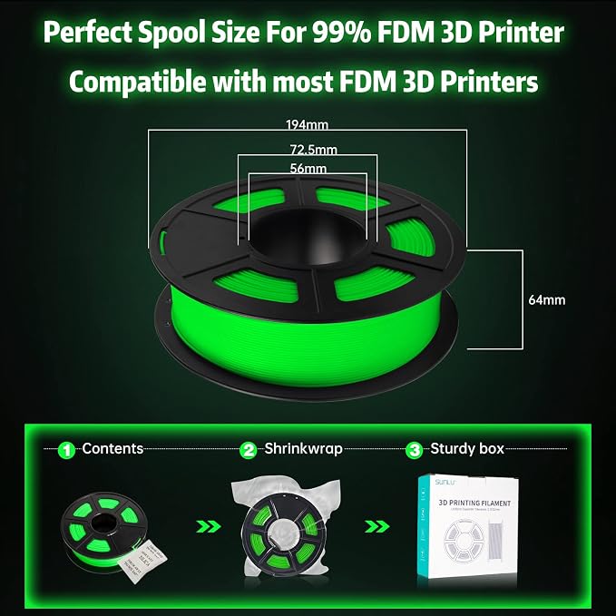 SUNLU Glow in The Dark PLA Filament, Neatly Wound Luminous PLA 3D Printer Filament 1.75mm Dimensional Accuracy +/- 0.02mm, Fit Most FDM 3D Printers, 1kg Spool (2.2lbs), (Green PLA, Glow Green)