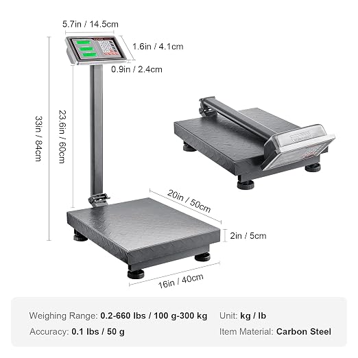 VEVOR Computing Digital Platform Scale, 660 lbs Load, 0.1 lbs Accuracy Computing Floor Scale with LB/KG, Tare, Price Calculator, Stainless Steel High-Definition Display for Boxes, Luggages, FCC Listed