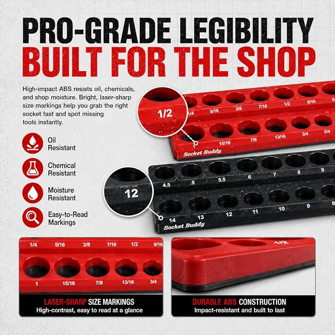 Socket Buddy Magnetic Socket Organizer Set, 6PCS Socket Holder,1/8" to 1-1/4" Sockets Holds 143 Pieces Magnetic Sockets Trays (Black&red)