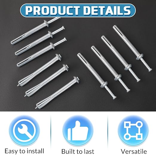 Dunzy 4 Pcs 1/4" x 3" Drive Nail in Anchor Drive Expansion Cement Hammering Anchors Pin Rustproof Zinc Plated Concrete Nails Heavy Duty for Brick Drywall Metal Wood, Hammer Fasteners Kit