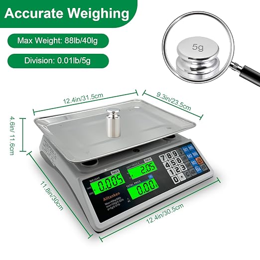 Price Computing Scale 88lb/40kg Commercial Food Scale with Price Calculator, Accurate Counting Platter, Dual LCD Display, Produce Scales for Farmer Market Retail Deli Meat Shopsr Produce Weighing