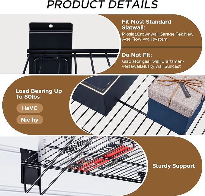 24-Inch Width Slatwall Shelves, Duty Storage Slatwall Shelf, Slat Wall Wire Shelf, Black Slatwall Accessories -2 Pack