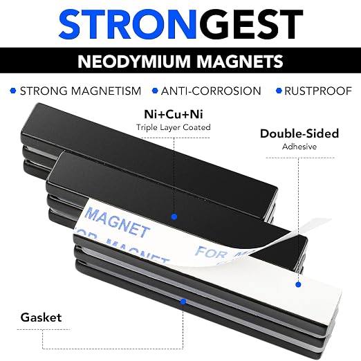 DIYMAG Neodymium Strong Magnets，24 Pcs Magnet Strip for Fridge Craft Black | 60x10x5 mm Heavy Duty Rare Earth Magnetic Tape with Adhesive Backing on Shower Door Refrigerator Whiteboard Cabinet