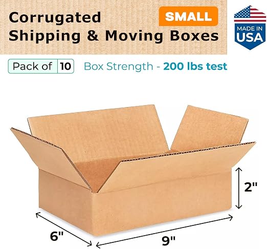 Small Moving & Shipping Boxes 9x6x2 inches (10-Pack) - Extra Strength 200 lb vs Regular - USA-Made Corrugated Cardboard Boxes for USPS/UPS/FEDEX - Packaging Box - Small Shipping Box by IDL Packaging