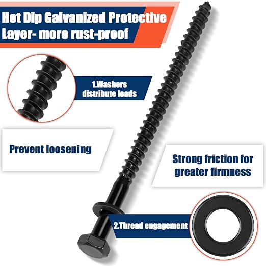 Tandefio 100 Pack 5/16''x5'' Hex Head Lag Bolts for Wood Ceramic Black Lag Screw Kit with Washers Heavy Duty Hot Dip Galvanized Coating Double Layer for Decks Fences
