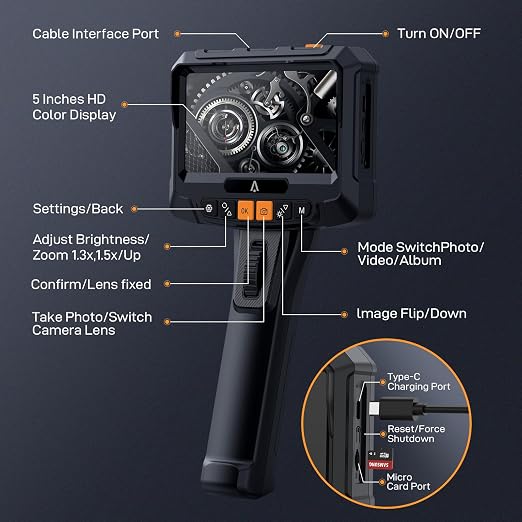 Bi-Directional Articulating Borescope, 5-Inch Serpentine Camera with Illuminated Video Inspection Mirror for Automotive and Aerospace Mechanics, Men's Gadgets