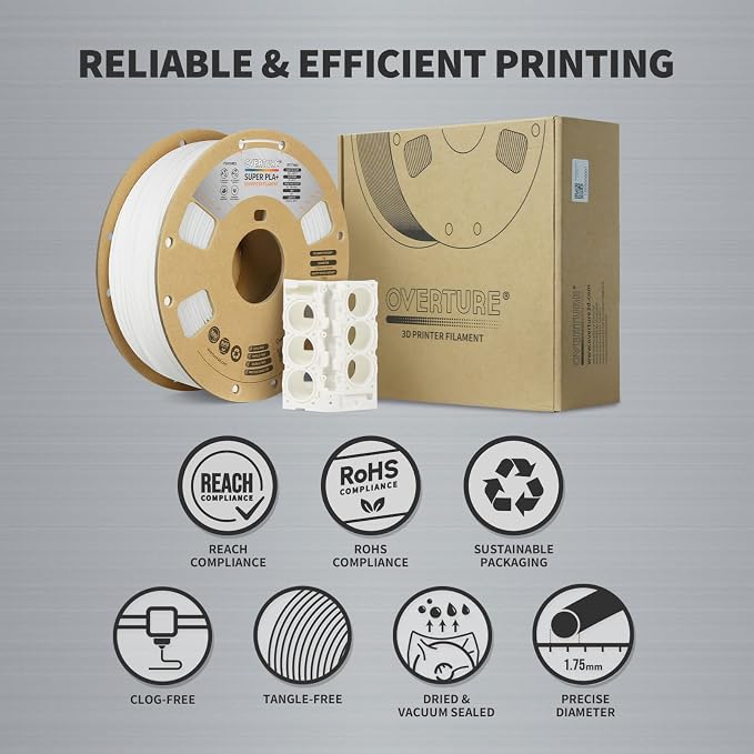 OVERTURE Super PLA+ Filament 1.75mm, Toughness Enhanced PLA Plus, Professional Toughness 3D Printer Filament 1kg (2.2lbs), High Precision +/- 0.02mm (White)