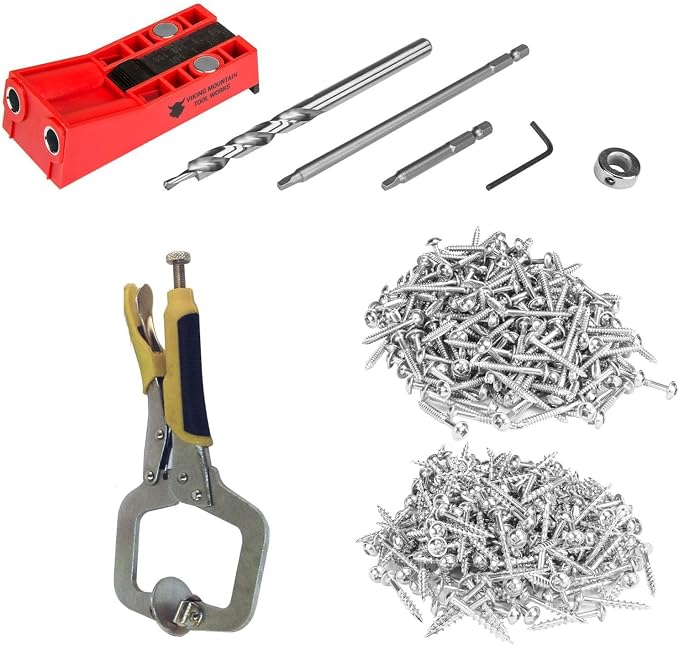Viking Mountain Tool Works Pocket Hole Jig and Face Frame clamp kit with Builders 500 pack of pocket hole screws for 3/4 hard and soft wood. Build tables, shelves, cabinets, furniture, and more!