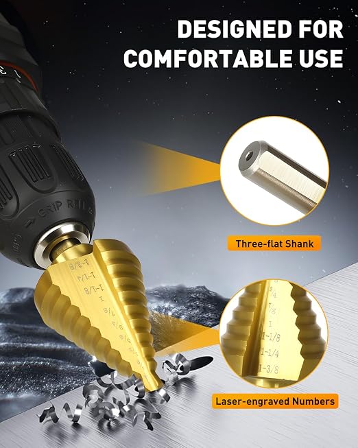 COMOWARE 10-Size Step Drill Bit for Metal, 1/4” to 1-3/8" Titanium HSS Unibit. Double Flute Design for Precise Holes in Steel, Aluminum, Plastic & Wood. Tri-Flatted Shank for Secure Grip in Drills.