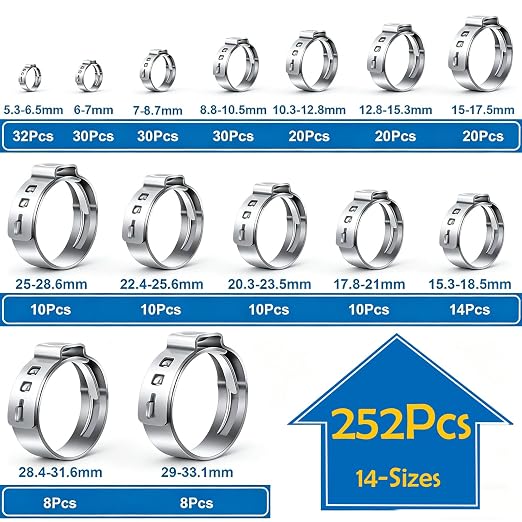 252Pcs 14-Sizes 304 Stainless Steel Single Ear Hose Clamps with Ear clamp plier 5.3-33.1mm Crimp Hose Clamps Assortment Kit for Auto/Home Appliance/Pipe/Fuel Line Stepless hose clamp with pincer