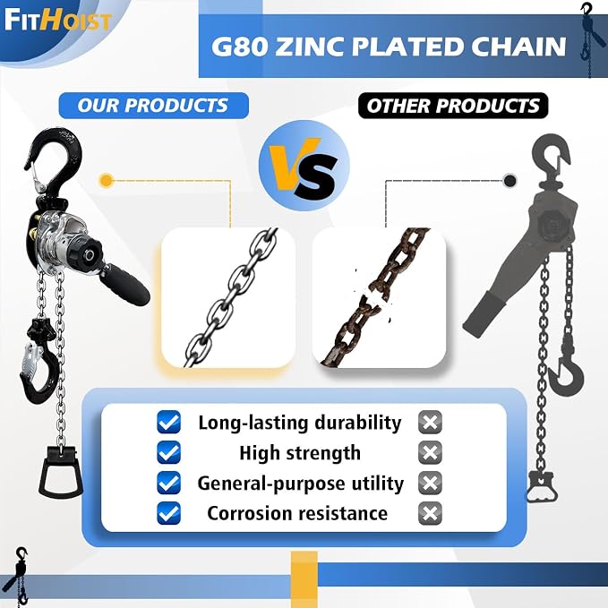Chrome Plated Mini Chain Hoist 1/4 ton 550Lbs Capacity 10ft Lift Manual Lever Chain Hoist Resists Corrosion Chrome Exterior Finish Alloy Steel G80 Chain, for Garages Warehouse Automotive