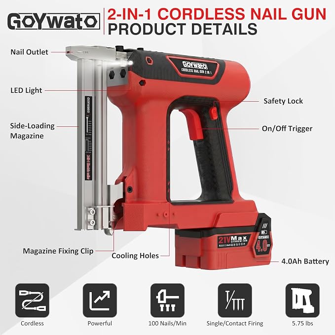 21V Cordless Nail Gun - 18 Gauge 2 in 1 Battery Powered Electric Brad Nailer with 2 x 4.0Ah Batteries & Charger & 1000 Nails & 1000 Staples for DIY & Home Improvement & Wood Working (Red)