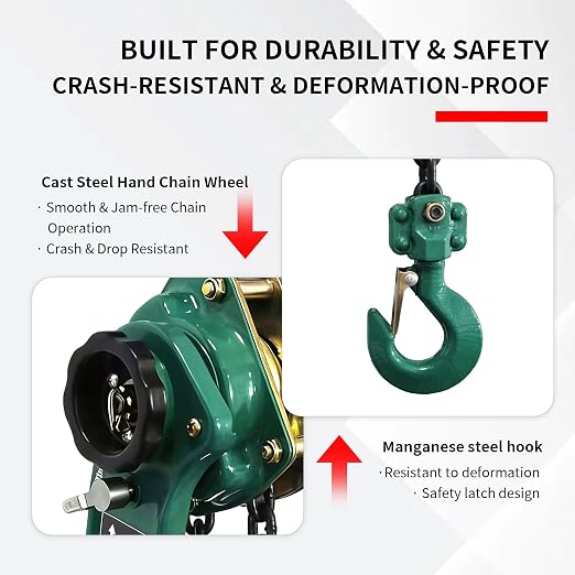 Water Green Industrial Lever Hoist, 1 Ton (2200 lbs) Capacity, 3 Meter/10 Ft Lift, Manual Hand Chain for Construction & Workshop