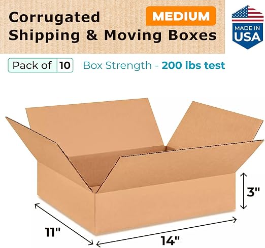 Medium Moving & Shipping Boxes 14x11x3 inches (10-Pack) - Extra Strength 200 lb vs Regular - USA-Made Corrugated Packaging Boxes for USPS/UPS/FEDEX - Medium Box - Heavy Duty Box by IDL Packaging