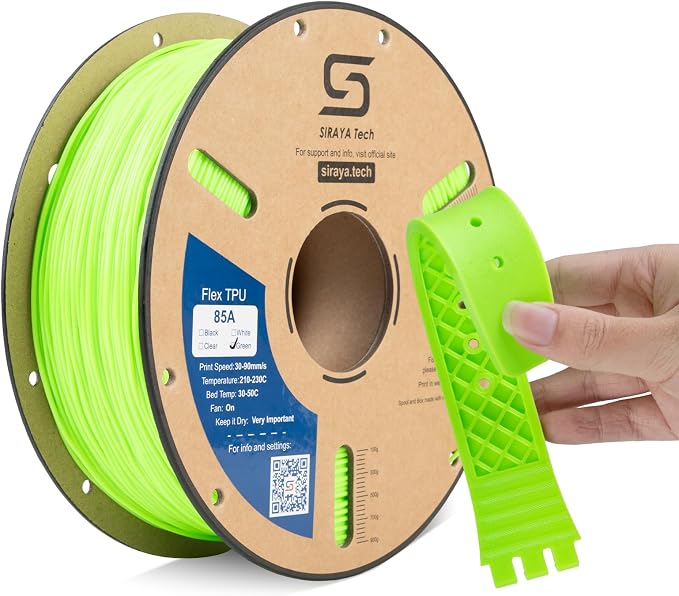 Siraya Tech Flex TPU Filament - 85A Shore, ISO 10993 Tested, High Flexibility & Toughness, High Flow & Speed, Moisture-Resistant Aluminum Bag - for Footwear, Wearables, Protective Gear (Green, 1kg)