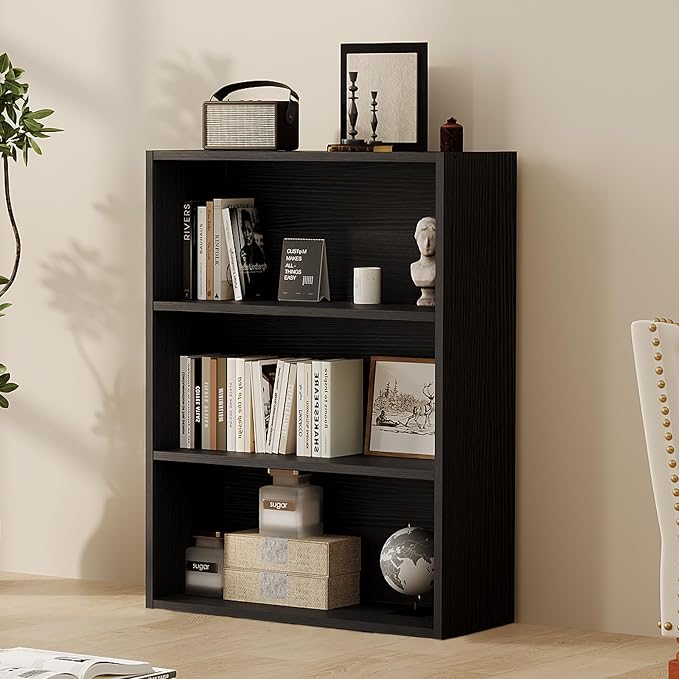 Sweetcrispy Industrial 3 Shelf Bookcase - Large 31.5 Inch Tall Floor Standing Open Bookshelf for Home Office, Living Room, and Bedroom Storage, Classic Black