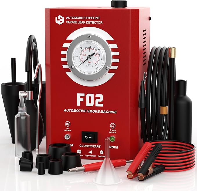 Smoke Machine Automotive with Pressure Gauge, F02 EVAP Smoke Leak Detector Tester for Car & All 12V DC Vehicles in Vacuum, Fuel Diagnostic Pipe System, Built-in Air Pump (Oil Not Included)