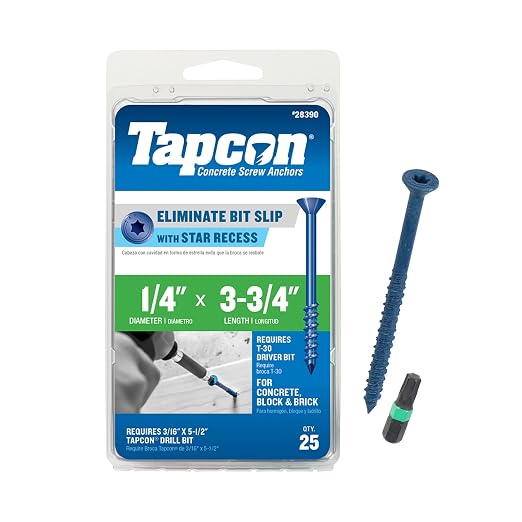 Tapcon 1/4 x 3-3/4 Inch Blue Climaseal® Star Head Concrete Anchors, 25 PCS, Corrosion Resistant Coating, Heavy-Duty Concrete and Masonry Screws, Superior Holding Strength, Drill Bit Sold Separately