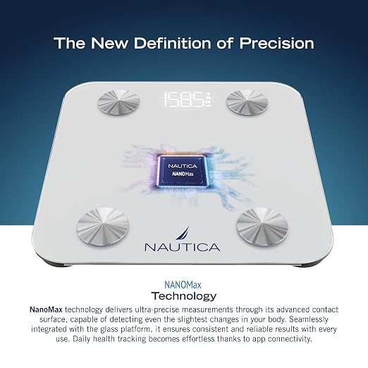 Nautica Body Tracker Digital Bathroom Scale, Bluetooth-Enabled Smart Scale with BMI, Body Fat, Muscle Mass Tracking & More, Syncs with Smartphone App for Body Composition Tracking, 396 Lbs.