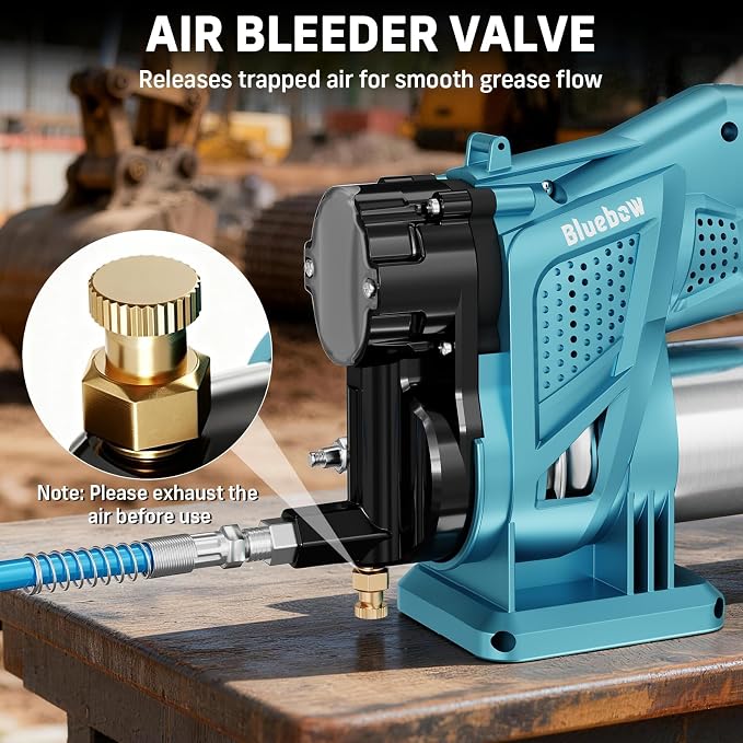 Bluebow Electric Grease Gun Kit, 12,000 PSI Pressure, 5.3 oz/min Flow Rate, 2X 4000 mAh Batteries, 39.4" Flexible Hose, Cordless Grease Gun Built for Farmers, Mechanics & Truckers, Light Weight, Teal