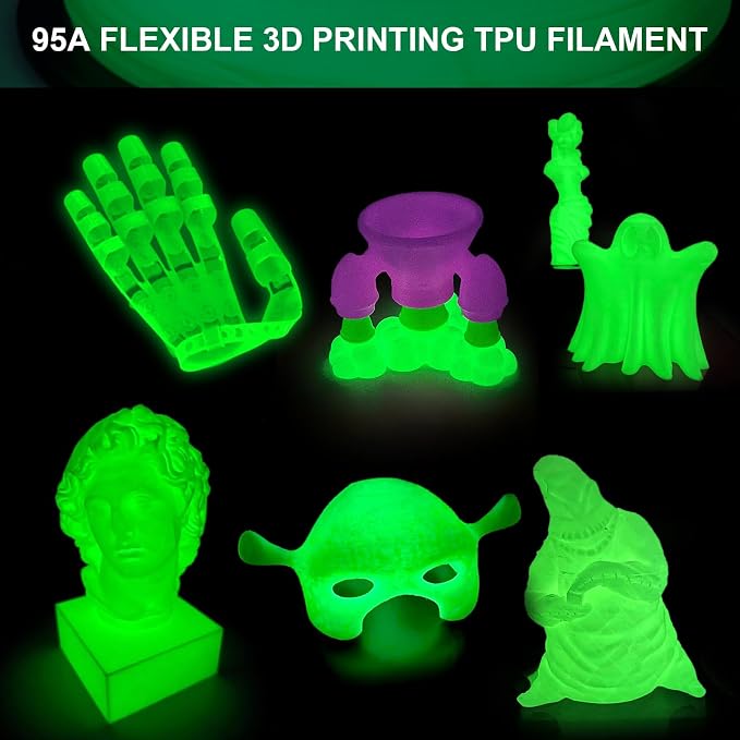 95A TPU 3D Printer Filament, 1.75mm Glow in The Dark Green, Soft TPU Flexible 3D Printing Filament, High Hardness & Resilience, Best with UV Lamps, 250g Spool, Fit Most 3D Printers