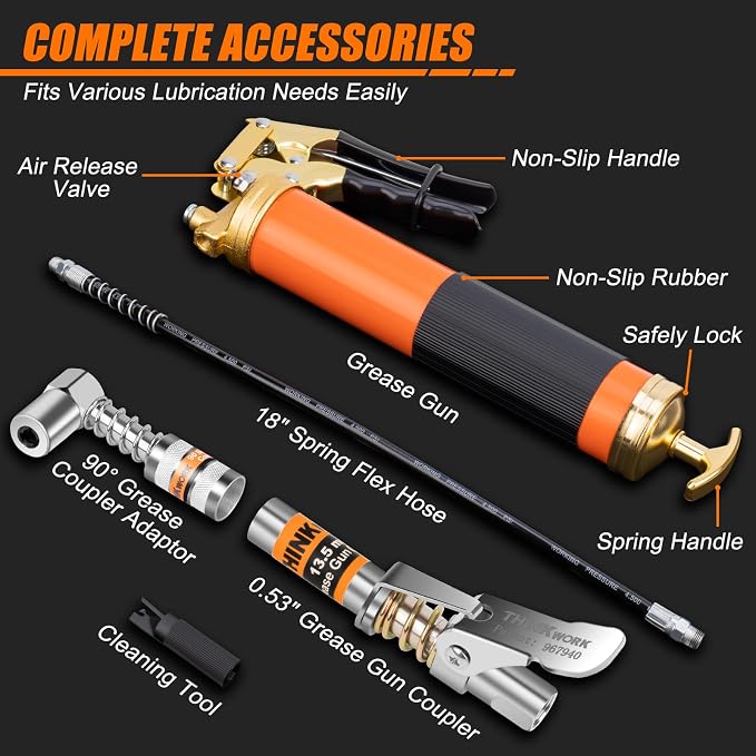 THINKWORK 8000 PSI Professional Heavy Duty Grease Gun Kit for 14 Oz Tubes, Pistol Grip Lube Grease Guns Tool with 0.53" Coupler & 90° Adaptor - Automotive, Marine, Industrial, Agricultural Machinery