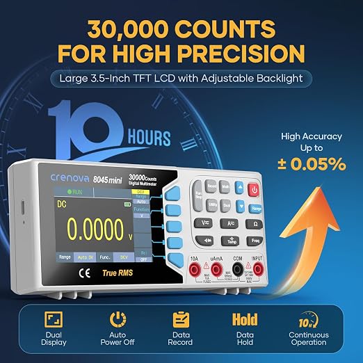 Crenova 30000 Counts True RMS Digital Multimeter, Desktop Bench Multimeter for Lab & Industrial Use. USB Data Logging, CAT II 600V. Measures Voltage, Current, Resistance, Capacitance, Temperature.
