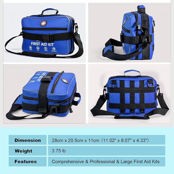 Professional 435 Pieces Large First Aid Kit - Includes Compressed Gauze - Compartments Emergency Medical Kit for Home, Camping, Backpacking, Travel, Boat, Car,Outdoors (Blue)