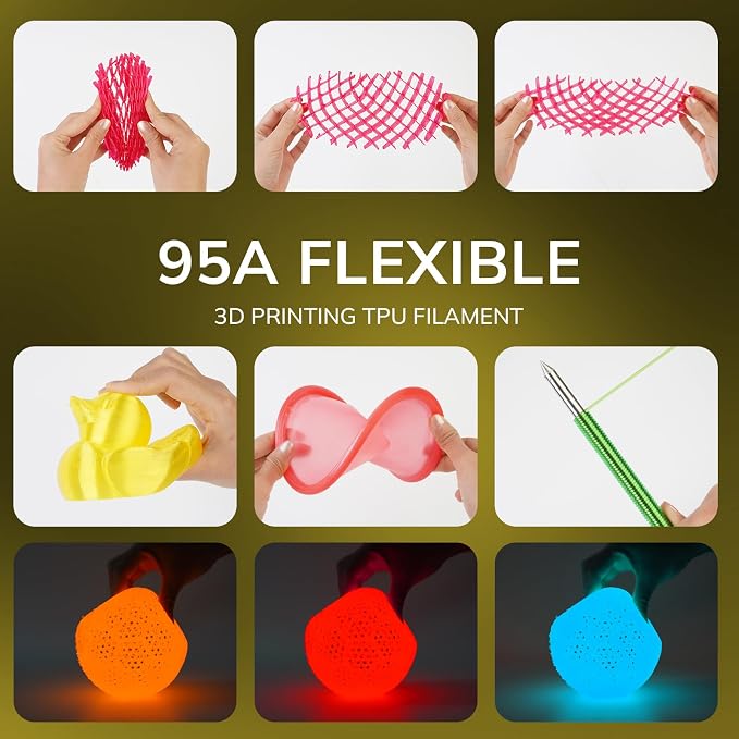 AMOLEN 95A TPU 3D Printer Filament, 1.75mm Glow in The Dark Yellow, Soft TPU Flexible 3D Printing Filament, Best with UV Lamps, 1kg Spool, Dimensional Accuracy +/- 0.02 mm, Fit Most 3D Printers