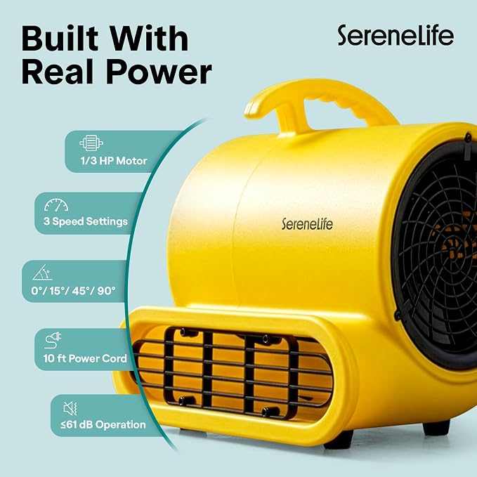 SereneLife Air Mover Blower Fan 1000 CFM – Powerful High Performance 3-Speed Fan for Floor & Carpet Drying, Portable Floor Fan w/Adjustable Tilt, Plug Multiple Units for Home Garage & Restoration Use