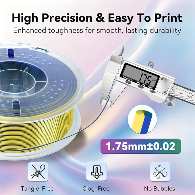 Kingroon PLA Filament, Multicolor Silk PLA Filament, Tri Color 3D Printer Filament, 1.75 mm, Dimensional Accuracy +/- 0.03 mm, 1kg Spool(2.2lbs), Green Blue Yellow