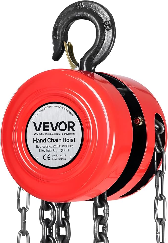 VEVOR Hand Chain Hoist, 1 Ton 2200 lbs Capacity, Manual Chain Block with Upgrade G70 Galvanized Chain, 10 ft Lifting Height, Heavy Duty Pulley Hoist for Garage Warehouse Automotive Machinery, Red