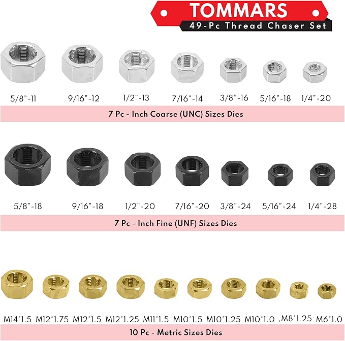 TOMMARS 49-Piece Thread Chaser Set for UNC, UNF and Metric Threads | Thread Repair Kit with Taps, Dies and Thread Files for Rethreading, Restoring and Cleaning Internal and External Threads