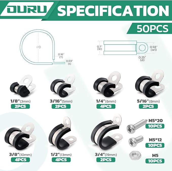 OURU 50PCS Cable Clamps with Screws Assortment Kit 304 Stainless Steel Rubber Coated Cushioned Insulated Cable Clamp,Automotive Wire Pipe Clamps 7 Sizes—1/8" 3/16" 1/4" 5/16" 3/8" 1/2" 3/4"