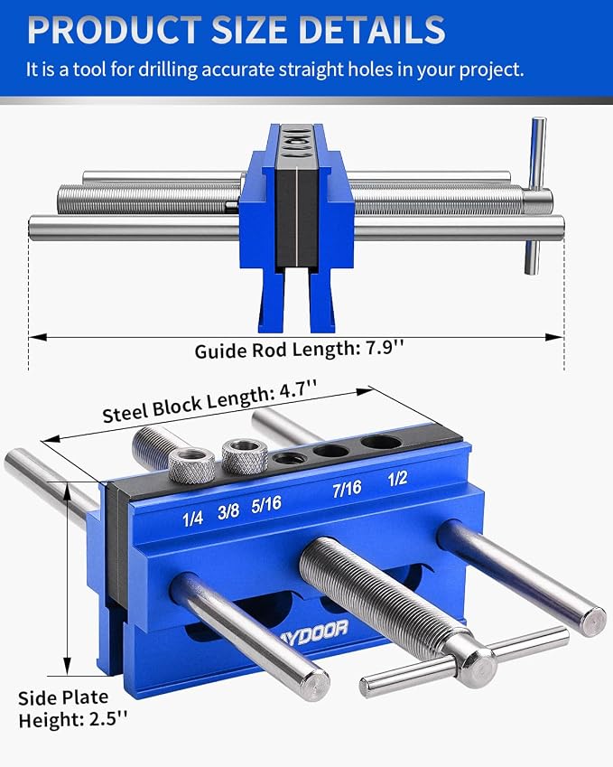 DAYDOOR 6.7" Self Centering Dowel Jig, Wide Capacity Doweling Jig & Drill Guide for Woodworking, Complete Kit with 6 Steel Bushings for Straight Holes(Blue)