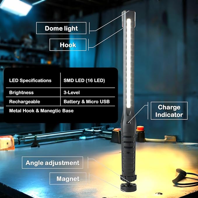 SCI Rechargeable LED Slim Work Light, 3 Lighting Modes (720Lm) 3350mAh Portable Inspection Light, Magnetic Base & Hanging Hook, Car Repairing/Mechanics/Emergency/Camping (928A), Fathers'/Dads' Gift