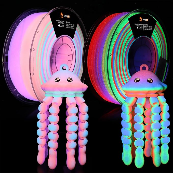 LOVOON Glow in The Dark Filament Multicolor，3D Printer Filament Bundle, PLA Filament 1.75mm, Dimensional Accuracy +/- 0.02 mm，for Halloween and Christmas Decorations, Glow Rainbow, 1KG X 2 Spools