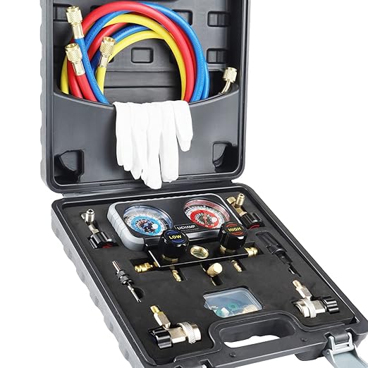 Lichamp AC Gauges, A/C Manifold Gauge Set for R134a R22 R12 R502 and Vacuum Pump, HVAC Single Stage Vacuum Pump for R134a R410a R22 R12,1/4 HP 3.5 CFM Auto AC Air Tool