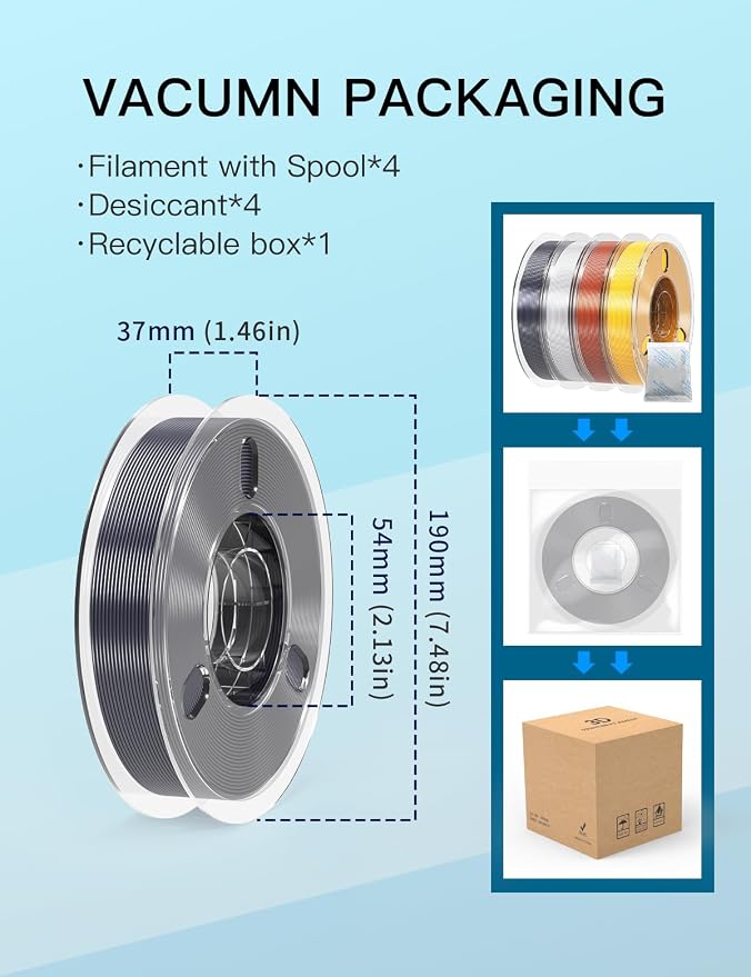 PINBALL 500gX4 Spools Silk PLA 3D Printer Filament Bundle, Shiny Metallic Filament 3D Printing Filament 1.75mm, 500g*4 Gold/Grey/Silver/Red Bronze
