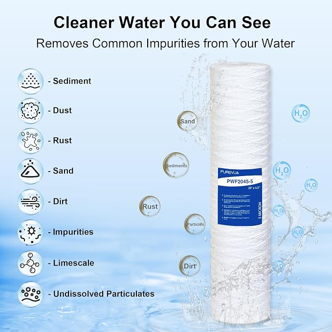 5 Micron 20"x4.5" String Wound Sediment Filter, Whole House Water Filter Cartridge for Well Water, Compatible with WP5BB20P, SWC-45-2005, Fits Standard 20" Big Housings, 2 Pack
