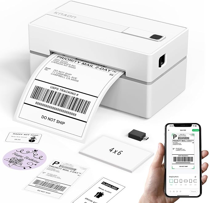 KNAON Bluetooth Thermal Shipping Label Printer, 4x6 Portable Thermal Address Label Printer for Small Business, Compatible with iPhone,Android,Windows,Mac–Works with Etsy Shopify USPS&More, White
